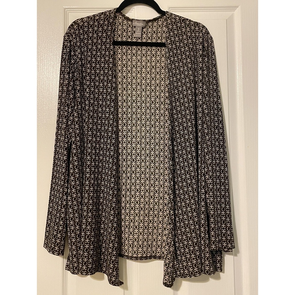 Travelers By Chico's Jacket Womens 3 Black Geometric Knit Open Front Lightweight